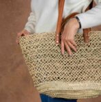 Handmade Moroccan Open Straw Basket with Double Leather Handles