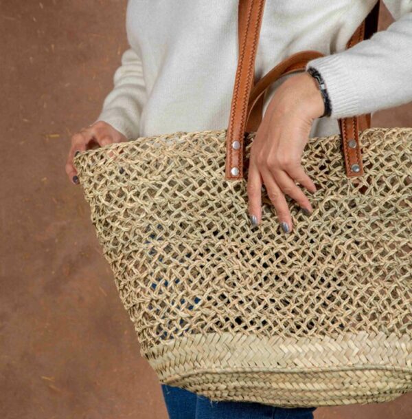 Handmade Moroccan Open Straw Basket with Double Leather Handles