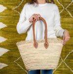 Handmade Moroccan Beach Basket – Natural Straw with Long Leather