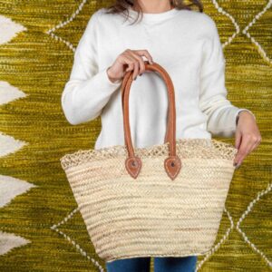 Handmade Moroccan Beach Basket – Natural Straw with Long Leather