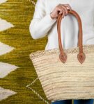 Handmade Moroccan Beach Basket – Natural Straw with Long Leather