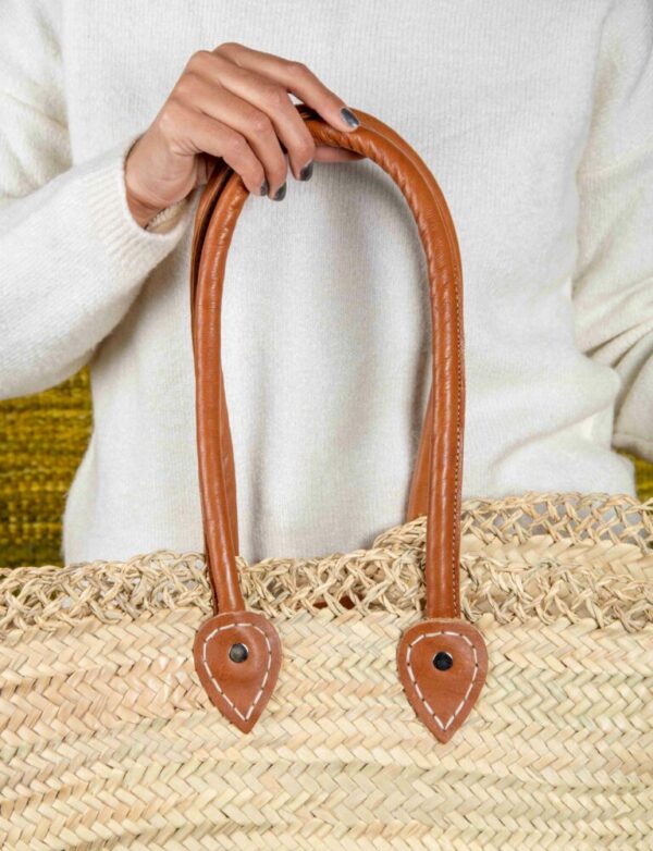Handmade Moroccan Beach Basket – Natural Straw with Long Leather