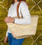 Handmade Moroccan Beach Basket – Natural Straw with Long Leather