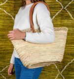 Handmade Moroccan Beach Basket – Natural Straw with Long Leather