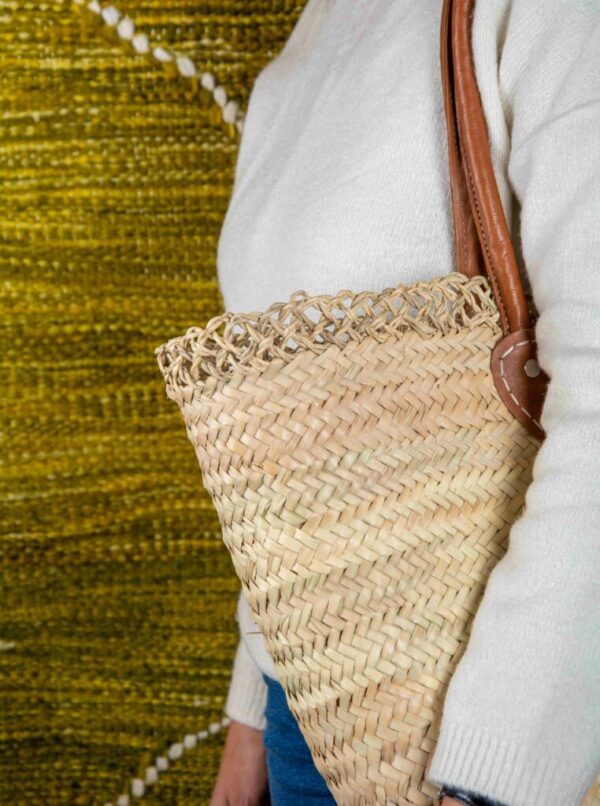 Handmade Moroccan Beach Basket – Natural Straw with Long Leather