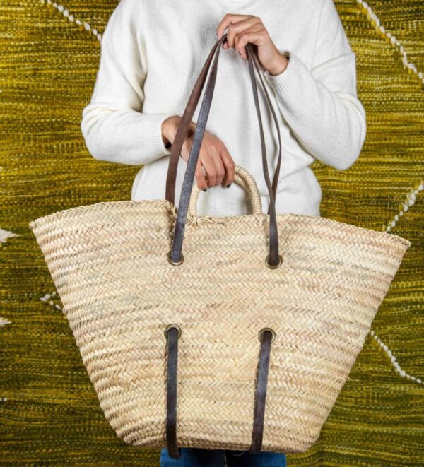 Large Reinforced Moroccan Leather Basket – Handmade Palm Doum