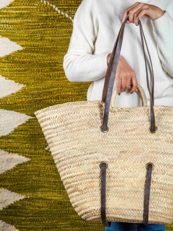 Large Reinforced Moroccan Leather Basket – Handmade Palm Doum