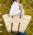 Large Reinforced Moroccan Leather Basket – Handmade Palm Doum