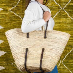 Large Reinforced Moroccan Leather Basket – Handmade Palm Doum