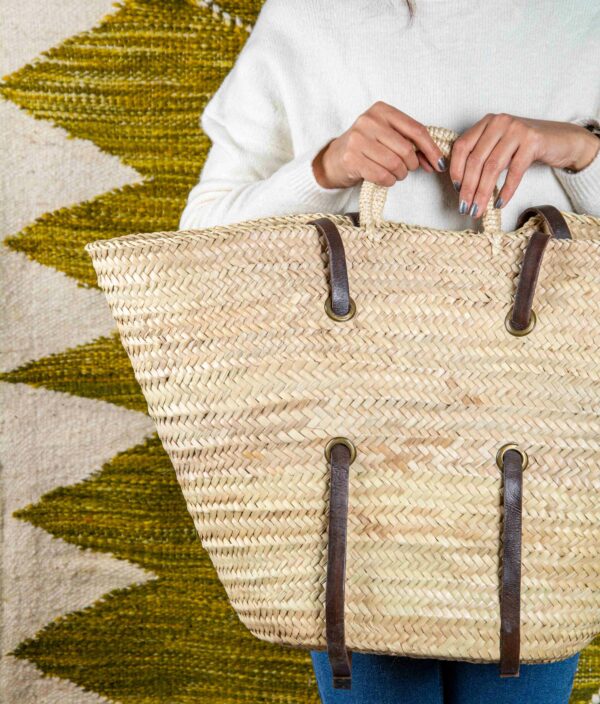 Large Reinforced Moroccan Leather Basket – Handmade Palm Doum