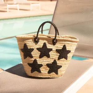 Large Straw Tote – Handcrafted Moroccan Bag with Black Sequin Stars