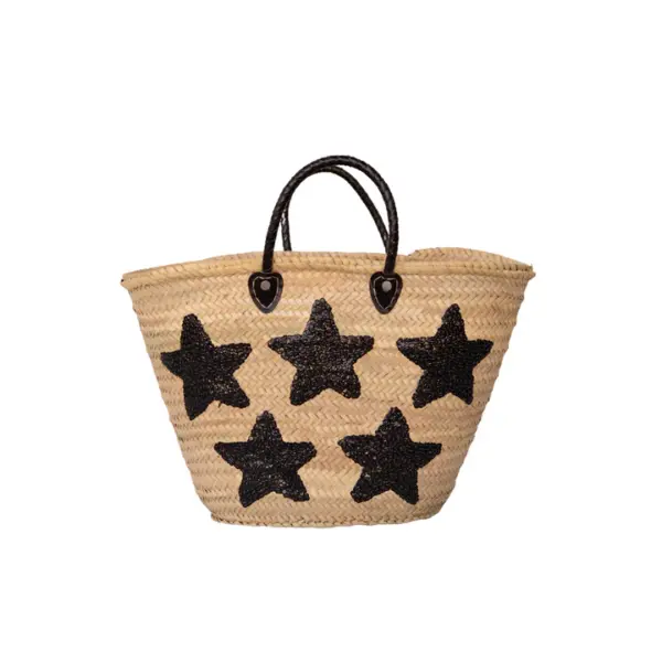 Large Straw Tote – Handcrafted Moroccan Bag with Black Sequin Stars