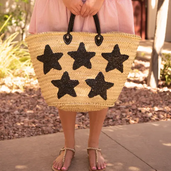 Large Straw Tote – Handcrafted Moroccan Bag with Black Sequin Stars