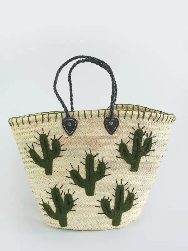 Medium Cactus Raffia Shopper – Handwoven Straw Bag with Cactus