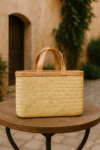 Moroccan Palm Leaf Bag – A5 Rectangle Basket with Colored Leather Handle