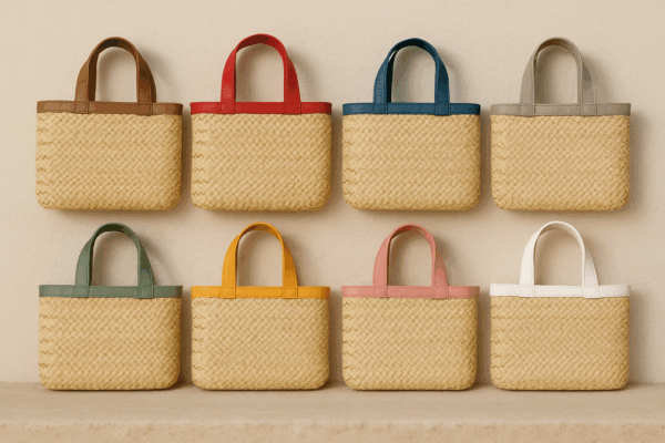Moroccan Palm Leaf Bag – A5 Rectangle Basket with Colored Leather Handle