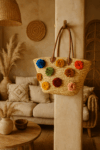 Straw Bag with Pom Poms and Leather Handles – Handcrafted Moroccan Raffia Tote