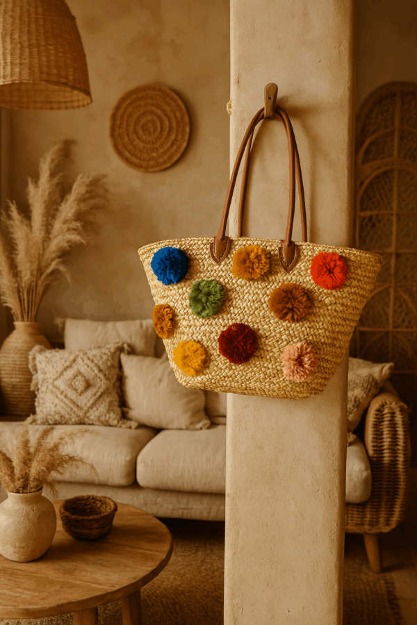 Straw Bag with Pom Poms and Leather Handles – Handcrafted Moroccan Raffia Tote