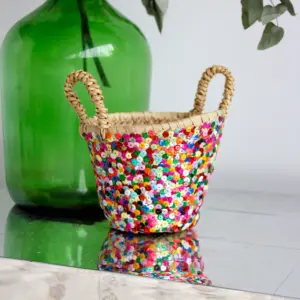 Mini Sequin Straw Basket – Handwoven Boho Basket for Home or Outings (12 cm)