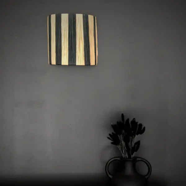 Black & Natural Striped Wicker Wall Sconce – Handmade Moroccan Wall Light