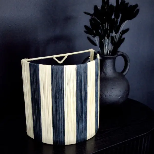 Black & Natural Striped Wicker Wall Sconce – Handmade Moroccan Wall Light