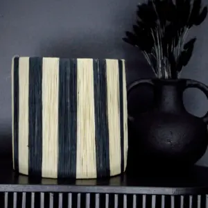 Black & Natural Striped Wicker Wall Sconce – Handmade Moroccan Wall Light