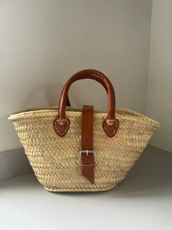 Straw Basket – Small French Market-Style Tote with Leather Reinforcement