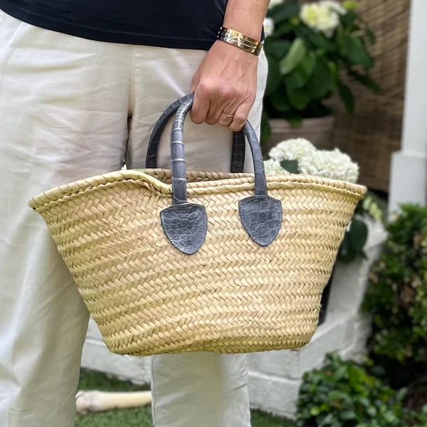 Mini French Market Tote – Handmade Straw Bag with Alligator