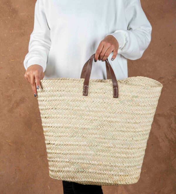 Marrakech Palm Leaf Basket – Large Straw Market Bag with Short leather
