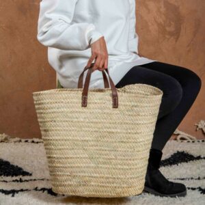 Marrakech Palm Leaf Basket – Large Straw Market Bag with Short leather