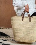 Marrakech Palm Leaf Basket – Large Straw Market Bag with Short leather