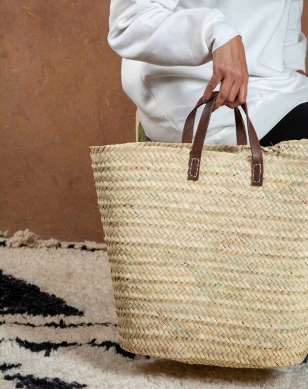 Marrakech Palm Leaf Basket – Large Straw Market Bag with Short leather