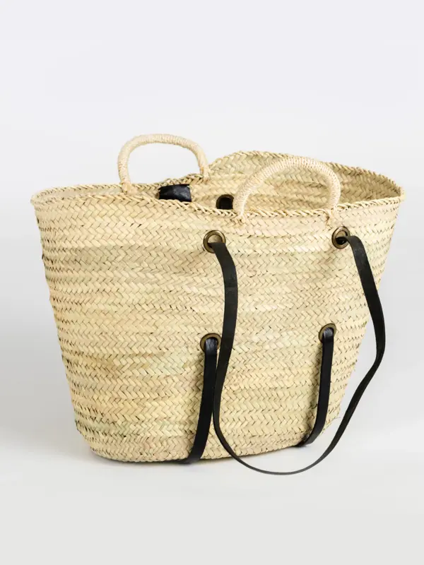 Long Handle Black and Brown Beach Bag – Handwoven Raffia Tote