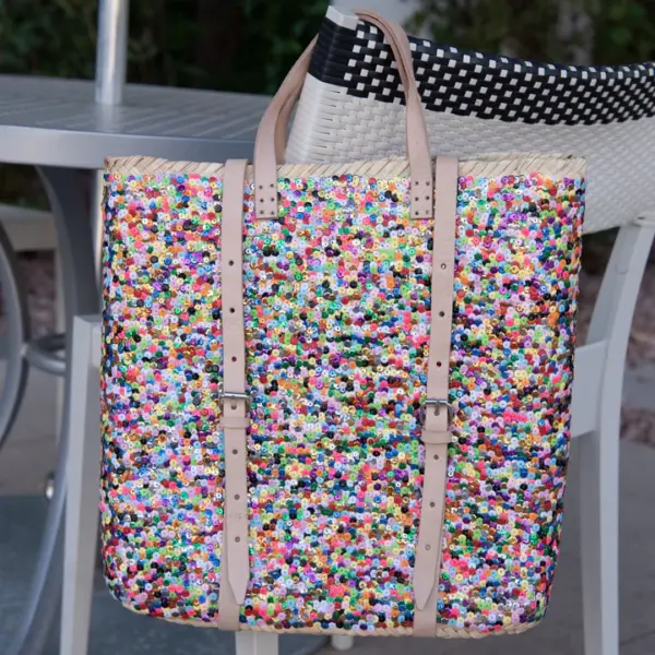 Straw Backpack with Multi-Colored Sequins – Handcrafted Moroccan Backpack with Leather Straps
