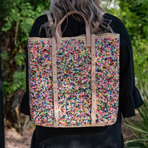 Straw Backpack with Multi-Colored Sequins – Handcrafted Moroccan Backpack with Leather Straps