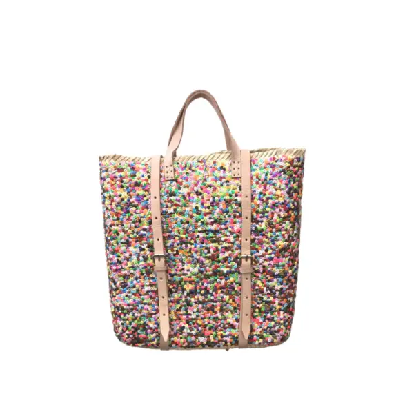 Straw Backpack with Multi-Colored Sequins – Handcrafted Moroccan Backpack with Leather Straps