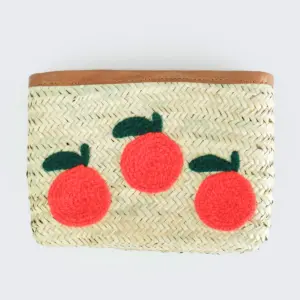 Raffia Oranges Clutch – Handwoven Tan Straw Clutch with Orange