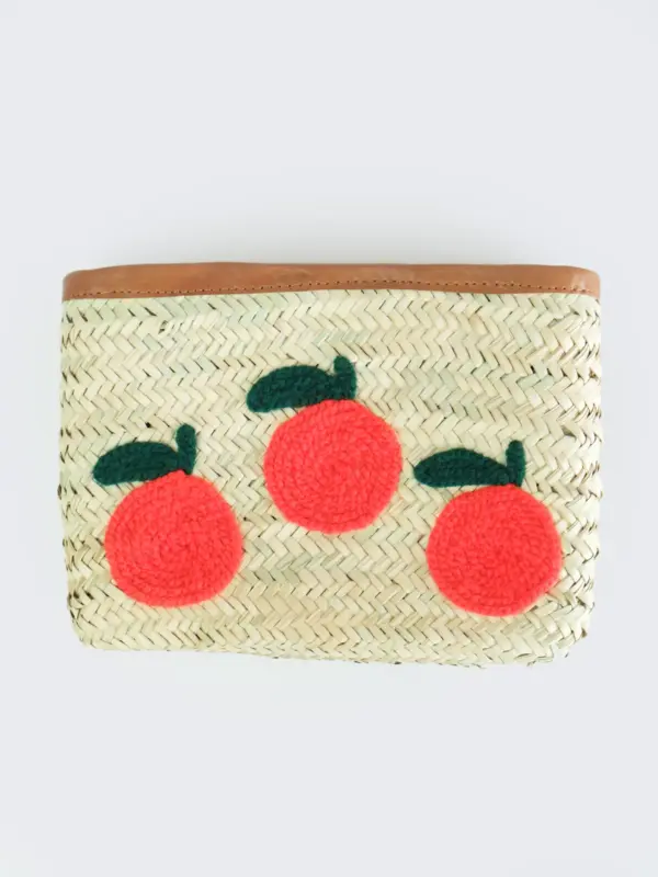 Raffia Oranges Clutch – Handwoven Tan Straw Clutch with Orange