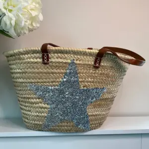 Silver Sequin Star Basket – Handmade Palm Leaf Bag