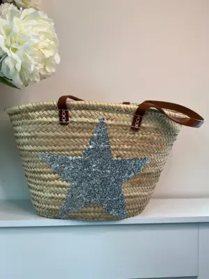 Silver Sequin Star Basket – Handmade Palm Leaf Bag