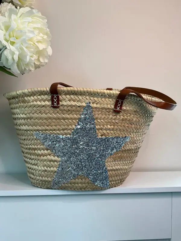 Silver Sequin Star Basket – Handmade Palm Leaf Bag