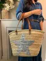 Silver Sequin Star Basket – Handmade Palm Leaf Bag