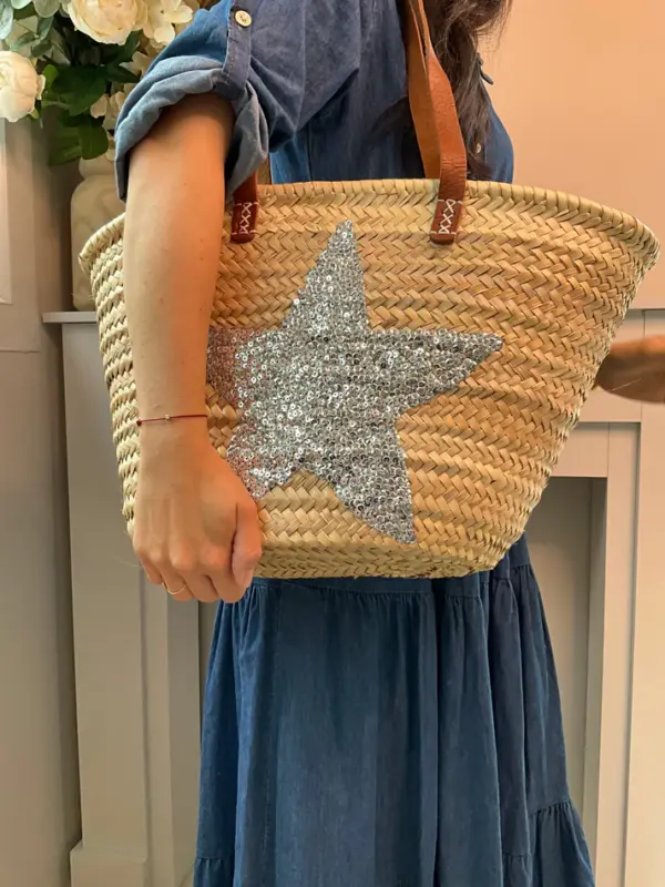 Silver Sequin Star Basket – Handmade Palm Leaf Bag