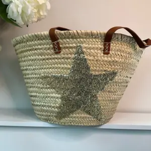 Gold Sequin Star Basket – Handwoven Palm Leaf Tote