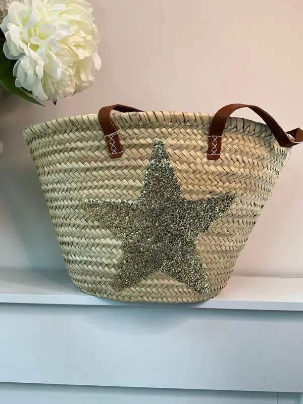 Gold Sequin Star Basket – Handwoven Palm Leaf Tote