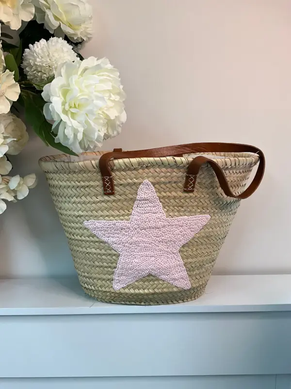 Pink Sequin Star Basket – Handcrafted Palm Leaf Bag