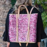 Straw Backpack with Purple Sequins – Handcrafted Moroccan Backpack with Leather Straps