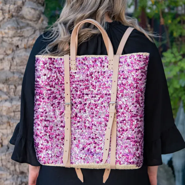 Straw Backpack with Purple Sequins – Handcrafted Moroccan Backpack with Leather Straps
