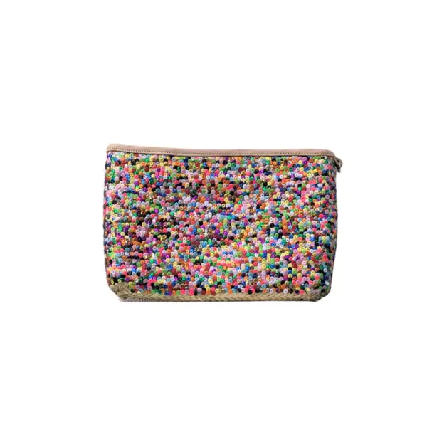 Straw Clutch with Multi-Colored Sequins – Handcrafted Moroccan Evening Bag with Removable Wristlet