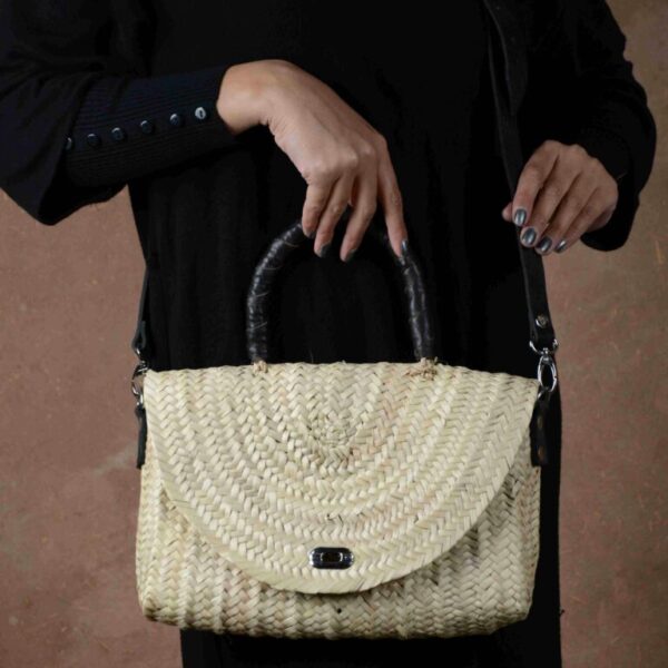 Merzouga Straw Bag – Handmade Black Palm Leaf Bag with Leather